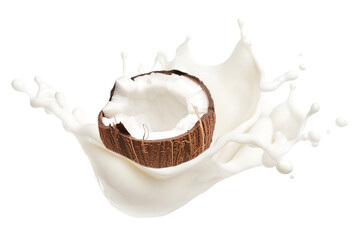 Levitation of coconut in a splash of cream isolated on a transparent background.