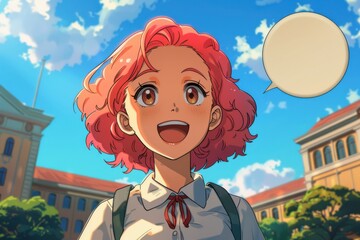 anime girl with pink short hairs, in college outfit, smiling, with a big empty chat bubble in air, college in background