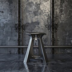 Canvas Print - A black stool sits in front of a wall with metal studs