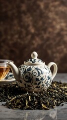 Loose tea leaves a swirl pattern with a teapot and