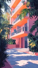 Canvas Print - Tropical Apartment Building with Palm Trees.