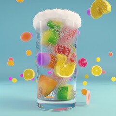 Sticker - A glass of fruit juice with a lot of bubbles and fruit pieces floating in it