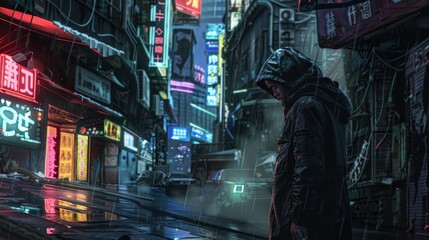 Wall Mural - A man is standing in the rain in a city with neon signs