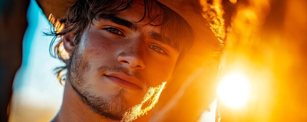 Close-up portrait of a young man with sunlit hair, looking thoughtfully at the camera.