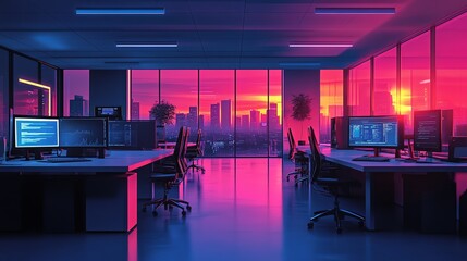 Leinwandbilder - Modern office with city sunset view.