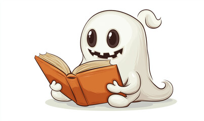 Halloween boo cartoon character reading a book