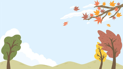 Wall Mural - Autumn landscape, background frame with maple trees and leaves, cute hand drawn illustration / 秋の風景、モミジの木と葉の背景フレーム、かわいい手描きイラスト