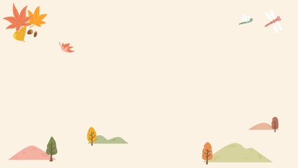 Wall Mural - Autumn landscape, simple background frame of mountains and trees with red leaves, cute hand drawn illustration / 秋の風景、山と紅葉した木のシンプルな背景フレーム、かわいい手描きイラスト