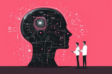 Aufkleber - Two men looking at a digital human head.