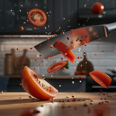 Poster - A close up of a tomato being sliced with a knife