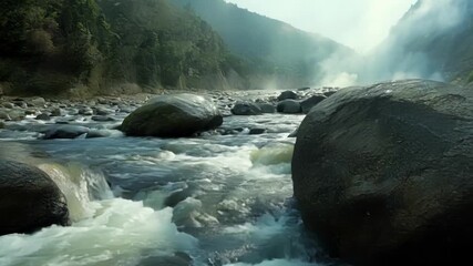 Wall Mural - Clear waters cascade over smooth stones in a tranquil river, surrounded by lush greenery and gentle sunlight.