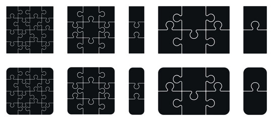 Puzzle pieces 2, 3x2, 3, 3x3, 4x4 isolated on white background. Vector template jigsaw puzzle with right angles, rounded.