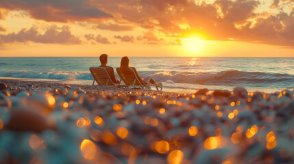 Wall Mural - A couple on beach chairs enjoying a sunset by the sea, pebble beach shimmering, romantic getaway concept. Generative AI