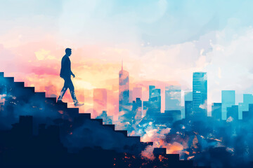 Canvas Print - Silhouette of a person ascending stairs with a stylized cityscape background, conveying progress or success. Generative AI