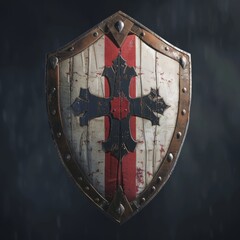 Poster - A worn and battered shield with a cross on it