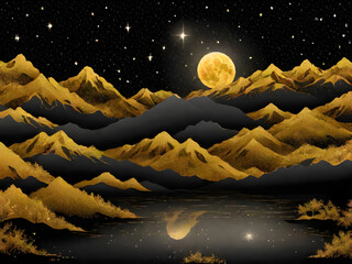 Wall Mural - Golden mountains, river, full moon, stars. Luxury landscape wallpaper design with glitter texture on black background.