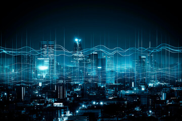 Wall Mural - a nighttime cityscape overlaid with digital wave patterns, depicting connectivity on a dark backgrou