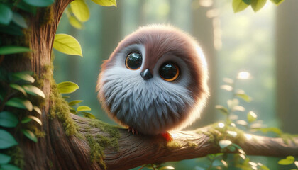 adorable 3d furry sparrow with big eyes on tree in a forest