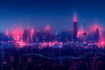 Canvas Print - Futuristic cityscape with digital network connections, blue and red lighting on a dark background, concept of technology. Generative AI