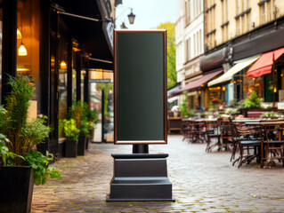 Poster - Blank street signboard outside a cafe, realistic style, on a cobblestone street and cafe terrace background, concept of branding mockup. Generative AI