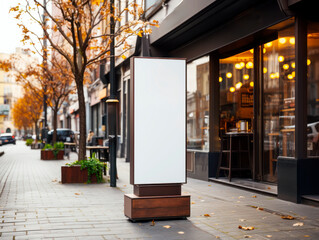 Wall Mural - Sidewalk advertisement board with a clean space for branding outside a cafe, urban background, marketing concept. Generative AI