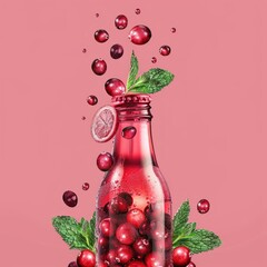 Canvas Print - A bottle of cranberry juice with a green leaf on top