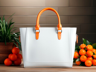 Wall Mural - A white handbag with orange handles on a wooden surface, next to oranges and a plant, clean background, branding concept. Generative AI