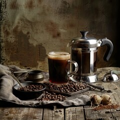 Poster - A coffee pot sits on a wooden table with a mug of coffee