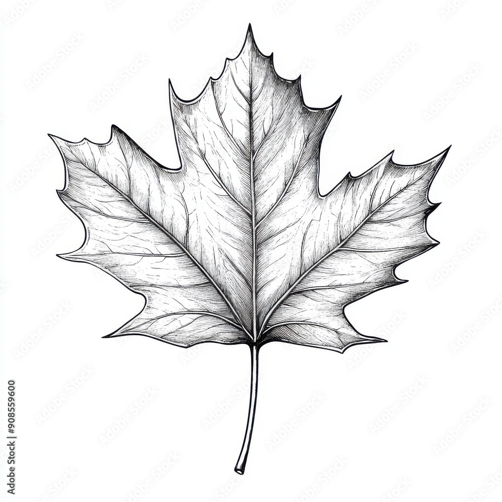 Black and white Vintage engraved art of a maple leaf isolated on white ...