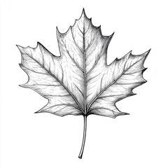 Black and white Vintage engraved art of a maple leaf isolated on white background, ink sketch illustration, simple vector art design, highly detailed line art, high contrasty