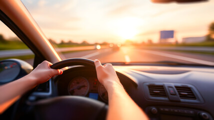 Canvas Print - driver's perspective inside a car at sunset, real image, blurry highway background, concept of road 