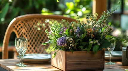 A table is set for a meal. There's a wooden box with a bouquet of different flowers and green leaves on the table. In the background, there's a beautiful rattan chair.