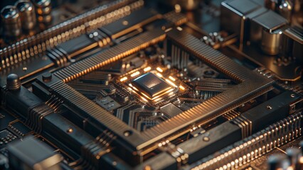 Close-Up of Quantum Computer's Intricate Circuits and Cooling System with Glowing Quantum Bits - Highlighting Cutting-Edge Technology