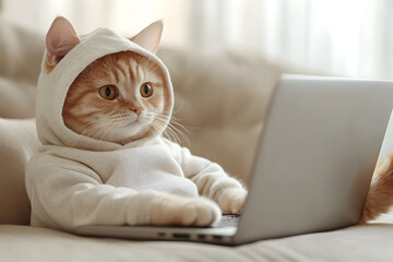 A cute cat hacker wearing a hoodie with a laptop