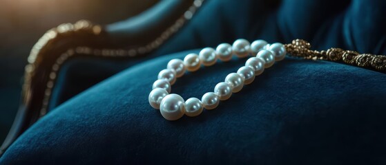 Elegant pearl necklace on blue fabric background.