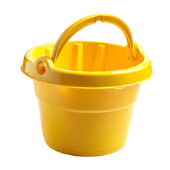 Empty yellow plastic pail isolated on white background, summer relaxation concept