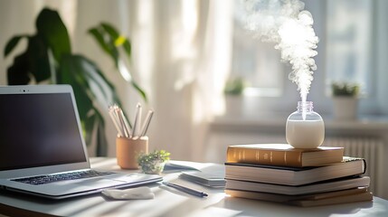 Poster - Photo of Digital Detox Setup with Closed Laptop, Books, and Essential Oil Diffuser