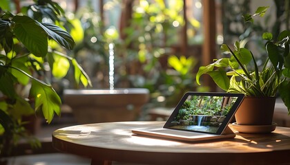 Poster - Peaceful Image of Tablet Displaying Nature Scene on Wooden Coffee Table