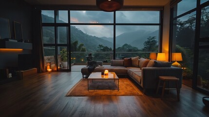 Wall Mural - A living room with a couch, coffee table, and a fireplace