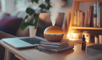 Poster - Photo of Digital Detox Setup with Closed Laptop, Books, and Essential Oil Diffuser