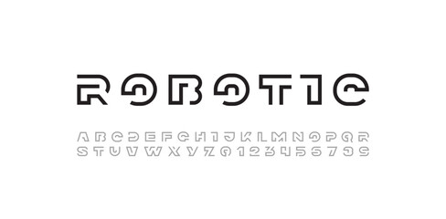 Wall Mural - Modern font alphabet from segment line, minimal technology style letters A, B, C, D, E, F, G, H, I, J, K, L, M, N, O, P, Q, R, S, T, U, V, W, X, Y, Z and numerals 0, 1, 2, 3, 4, 5, 6, 7, 8, 9