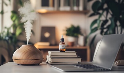 Poster - Photo of Digital Detox Setup with Closed Laptop, Books, and Essential Oil Diffuser