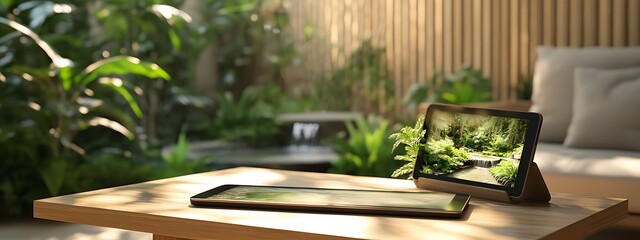 Poster - Peaceful Image of Tablet Displaying Nature Scene on Wooden Coffee Table