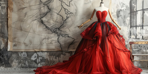 Wall Mural - An unfinished red ball gown on a mannequin