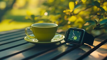 Poster - Image of Smart Watch on Table with Green Tea and Nature Background