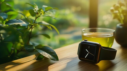 Poster - Image of Smart Watch on Table with Green Tea and Nature Background
