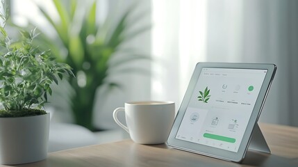 Poster - Image of Digital Wellness App on Tablet with Herbal Tea and Plant on Desk