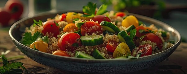 Wall Mural - A vibrant bowl of quinoa salad filled with fresh vegetables, perfect for healthy eating and meal prep.