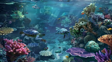 Poster - A colorful underwater scene with a turtle and fish swimming around