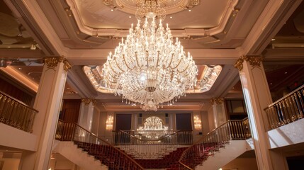 Poster - A chandelier hangs from the ceiling of a large room